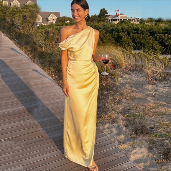 Show Me Your MuMu | Jodie Draped Luxe Satin Dress in Pale Yellow ~ Size Small - Picture 2 of 10